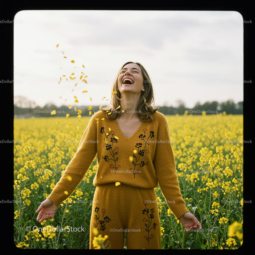 Woman Laughing in Blooming Yellow Canola Field