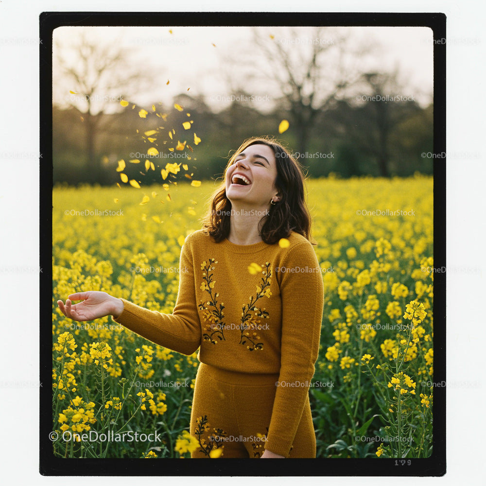 Joyful Woman in Yellow Field of Blooming Flowers