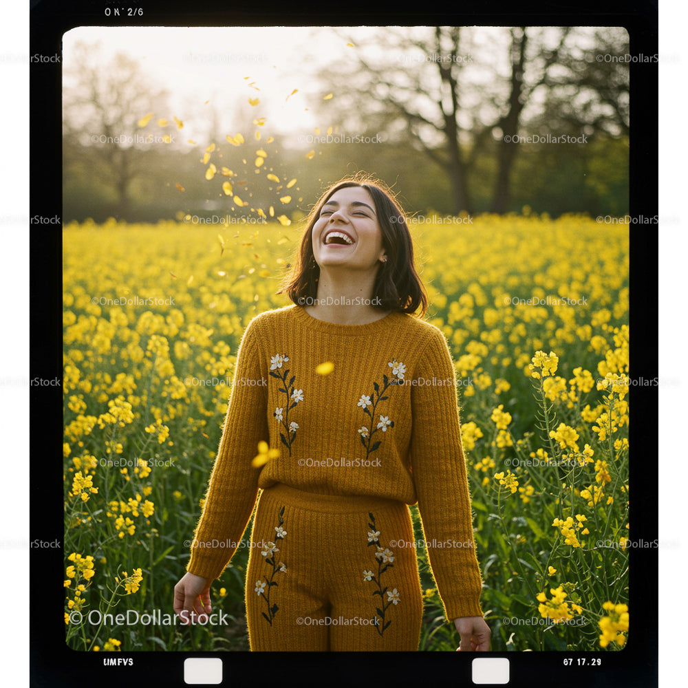 Cheerful Woman in Rapeseed Field During Golden Hour