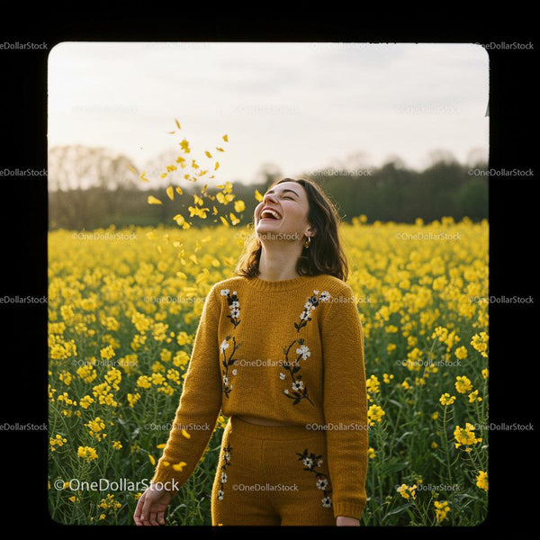 Joyful Woman in Mustard Sweater in Flower Field