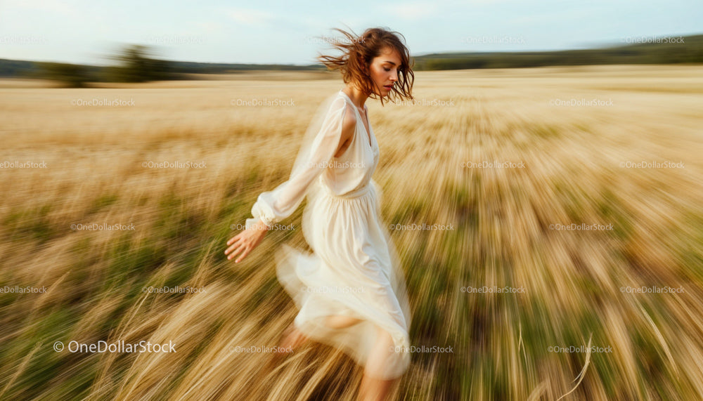 Woman Running Freely Through Golden Wheat Field