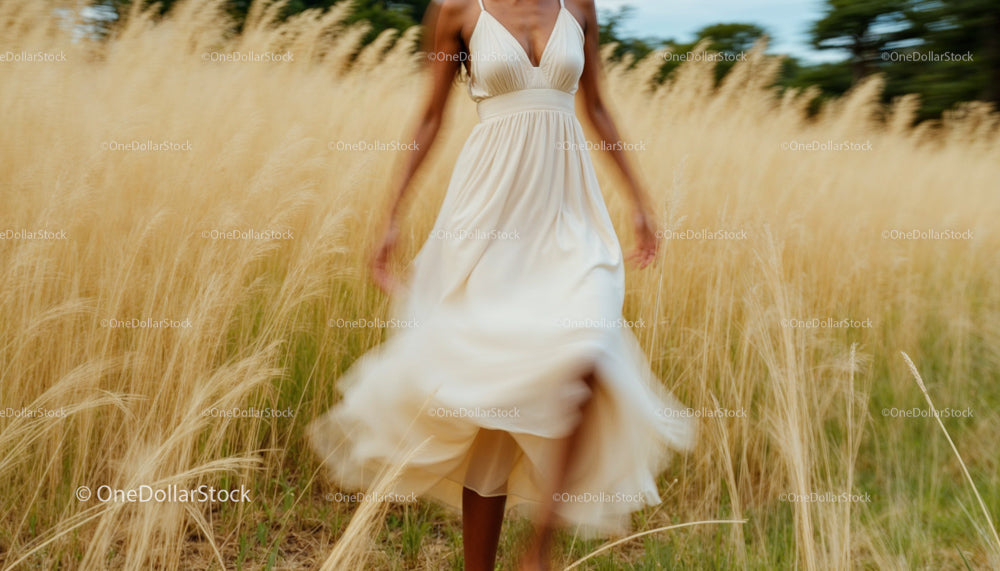 Graceful Woman in Flowing Dress in Wheat Field