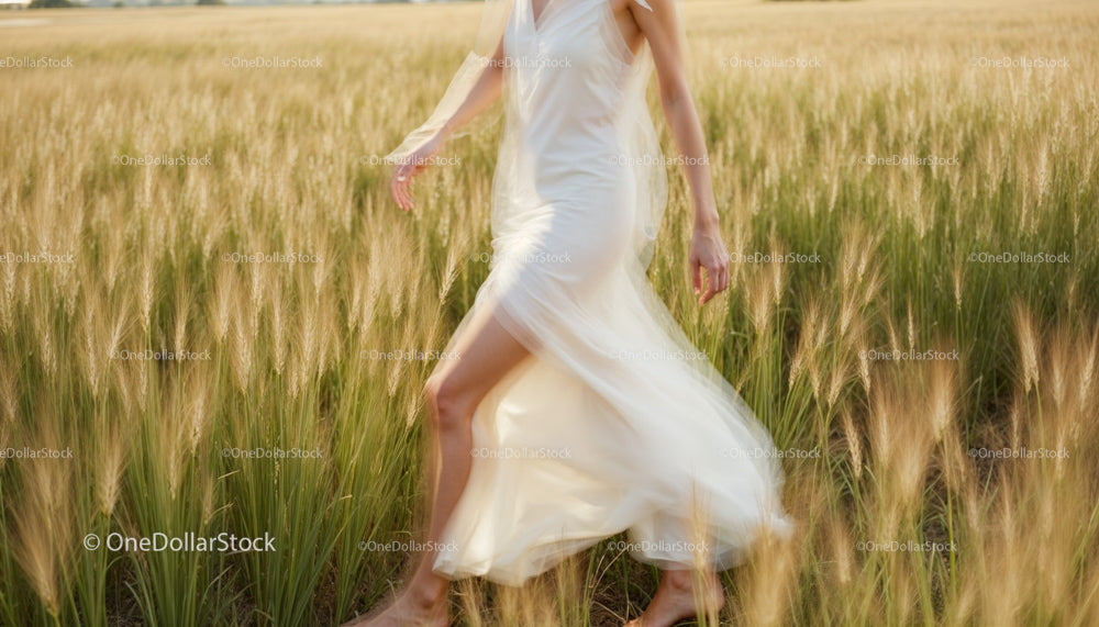 Woman in Flowing White Dress Walking Through Grass Field