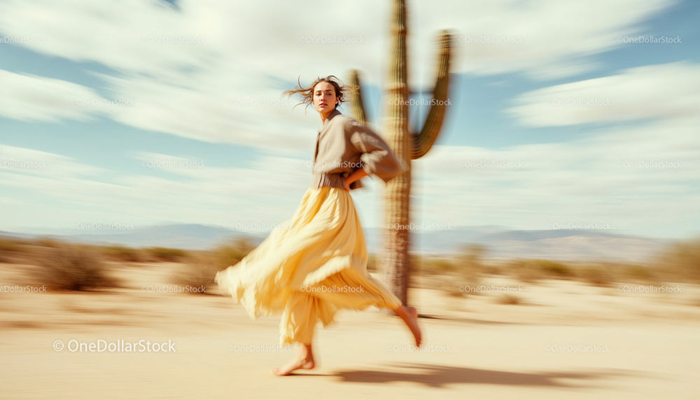 Woman in Yellow Dress Running Through Desert Landscape