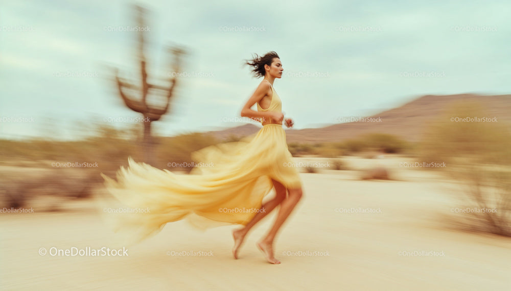 Woman in Flowing Yellow Dress Running Through Desert