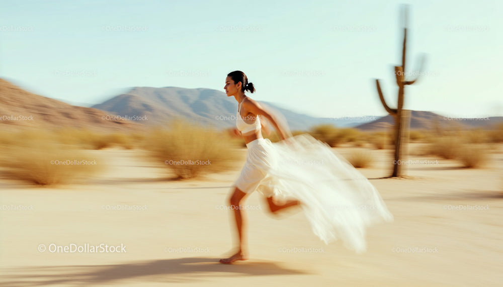 Woman Running Through Desert in Flowing White Dress