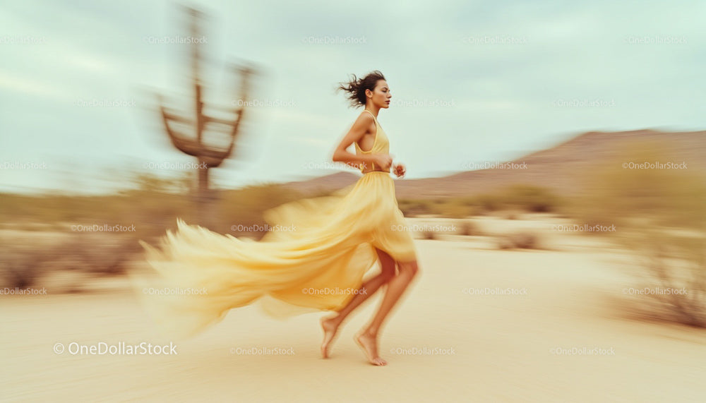 Woman in Flowing Yellow Dress Running Through Desert