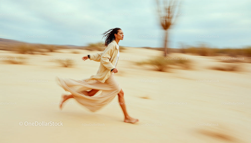 Woman Running Gracefully Through Sandy Desert Landscape