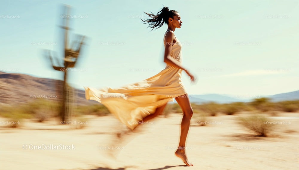 Elegant Woman Running Across Sunlit Desert