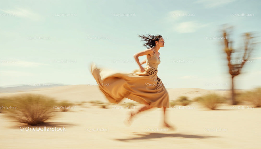 Woman Running Freely Through Sunlit Desert Dunes