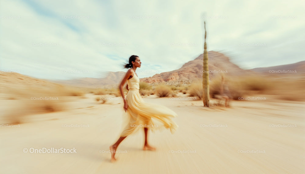 Graceful Woman in Flowing Dress Running Through Desert