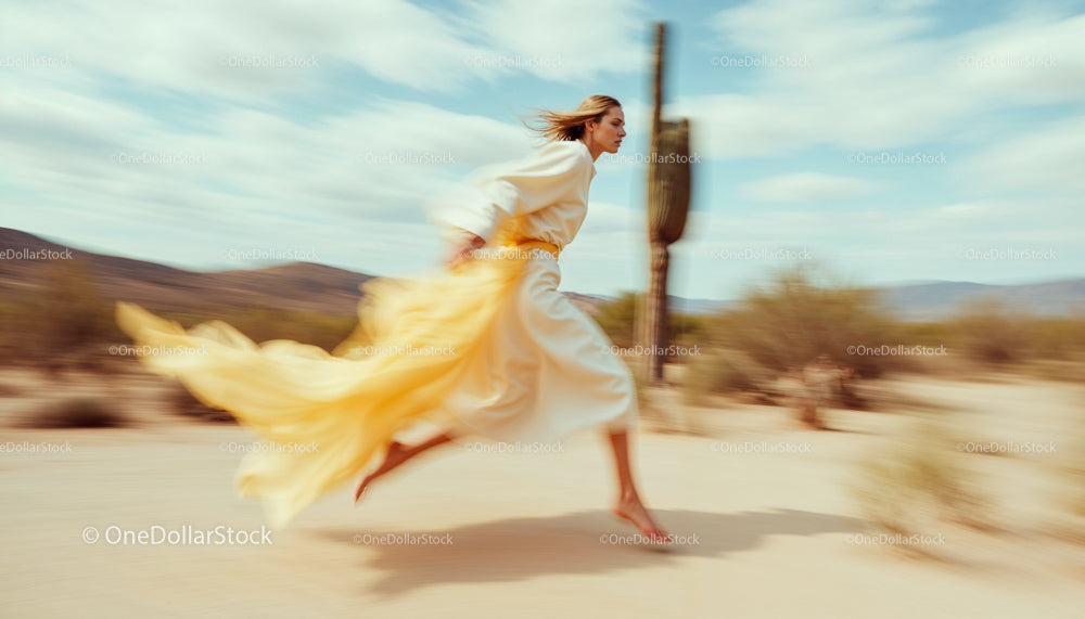 Woman in Flowing Yellow Dress Running Through Desert