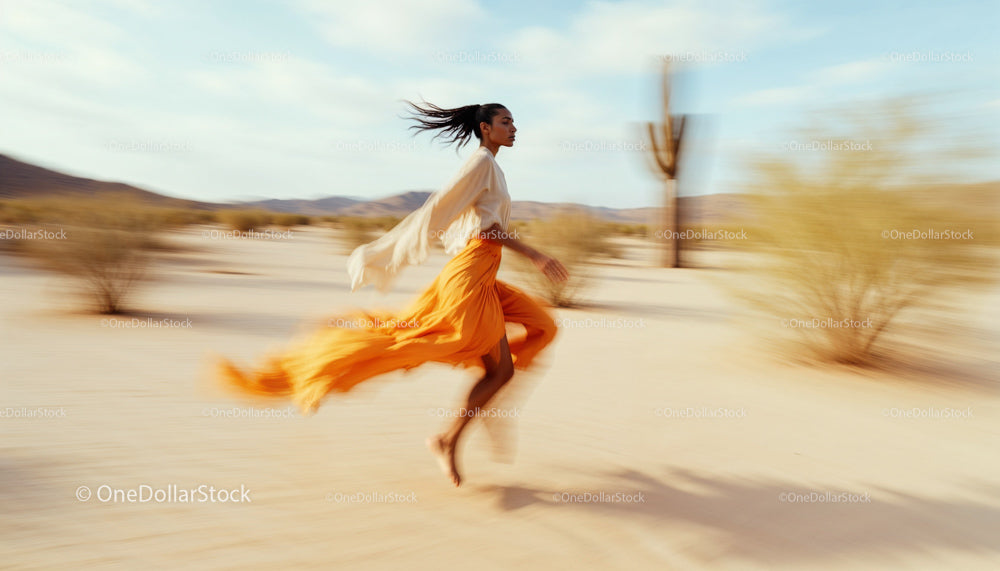 Woman Running Freely in a Sunny Desert Landscape