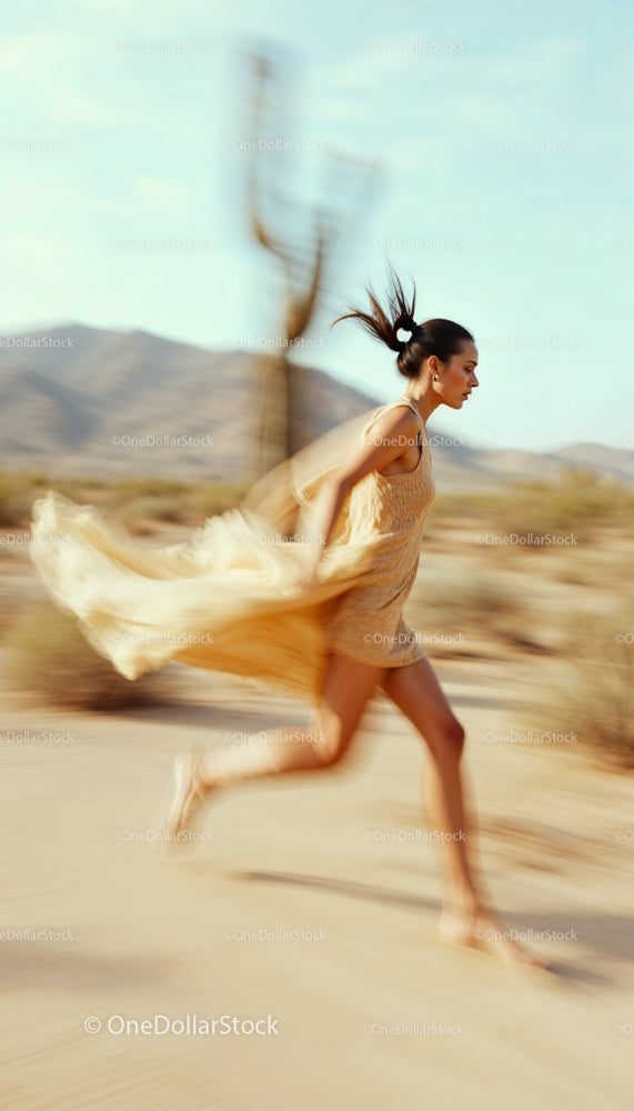 Woman Running Through Desert in Flowing Dress