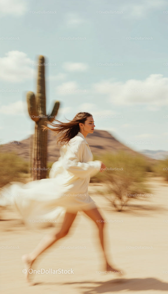 Woman in White Dress Running Through Desert