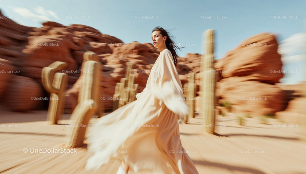 Woman in Flowing Dress Amidst Cacti in Sunlit Desert