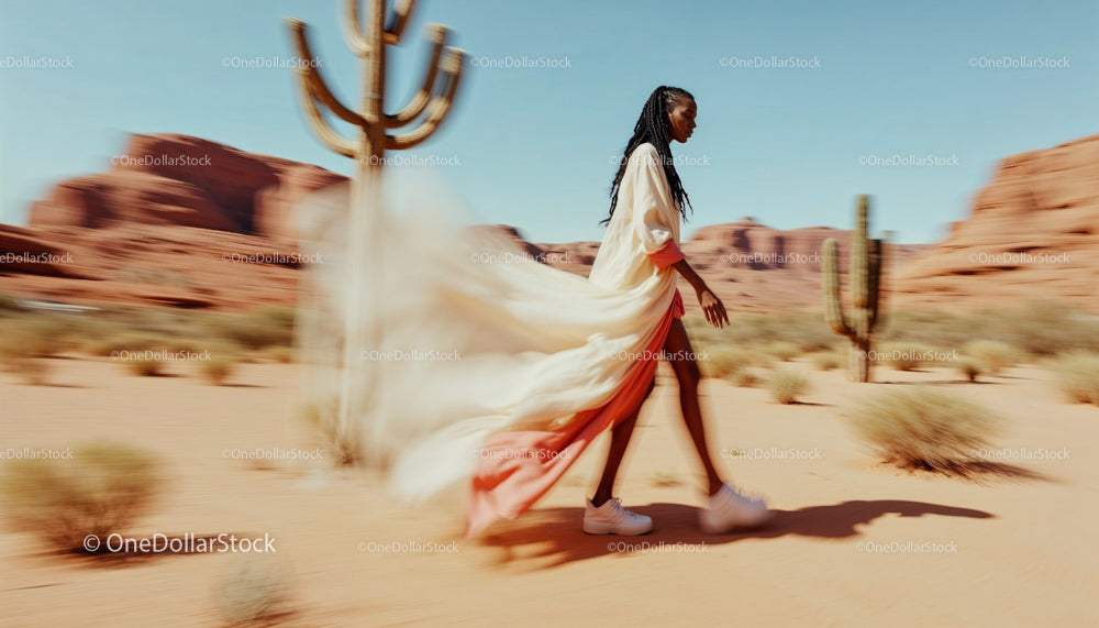 Elegant Woman in Flowing Dress Walking in Desert