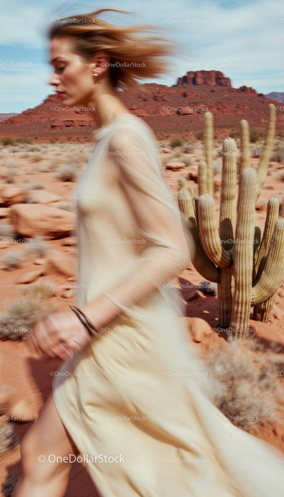 Woman in Flowing Dress Running through Desert Landscape
