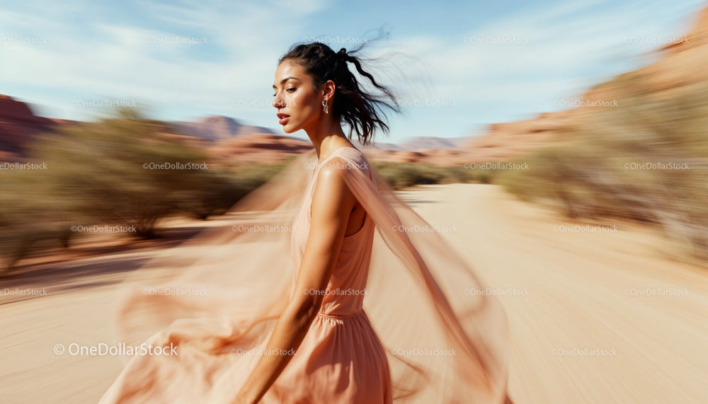 Elegant Woman in Flowing Peach Dress in Desert