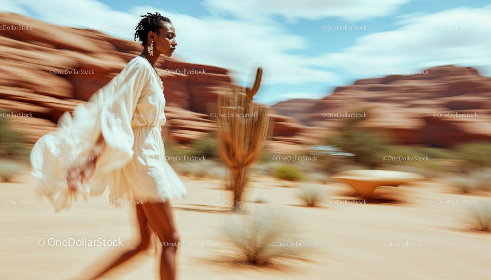 Woman in Flowing White Dress Walks Through Desert Landscape