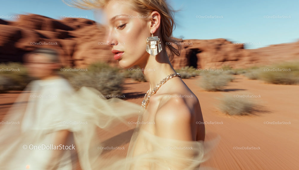 Elegant Model in Desert with Stylish Jewelry and Windblown Hair