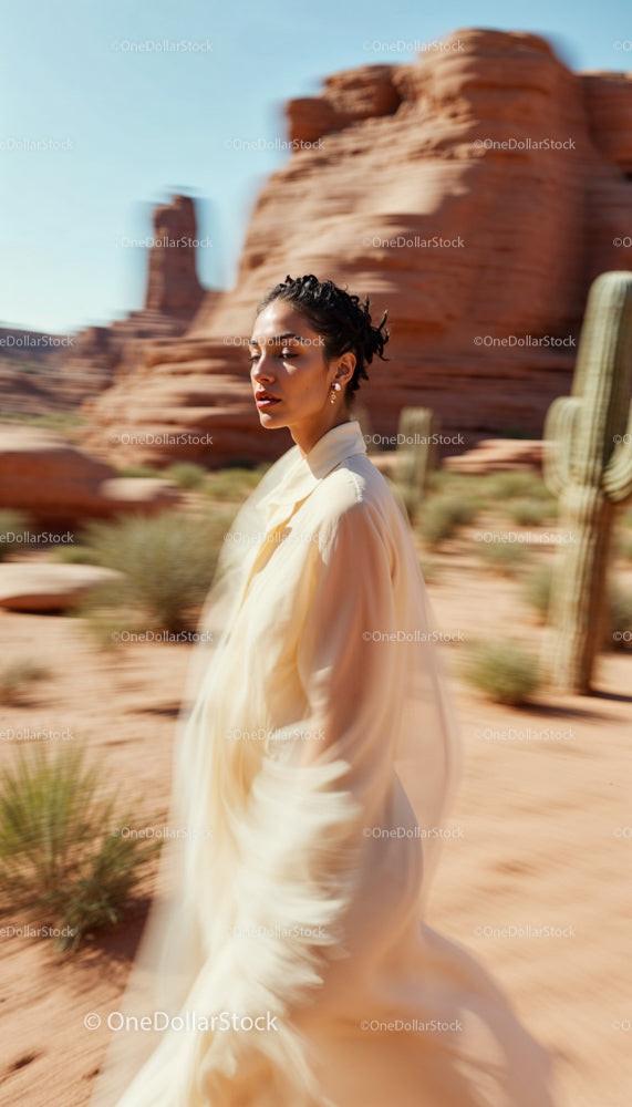 Elegant Woman in Flowing Dress in a Desert Landscape