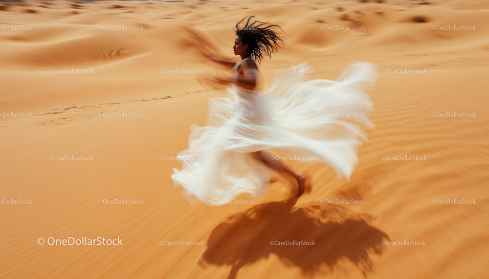 Woman in Flowing White Dress Running through Desert