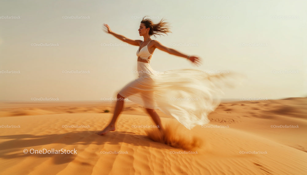 Woman in Flowing Dress Running Across Sunlit Desert