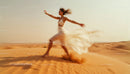 Woman in Flowing Dress Running Across Sunlit Desert