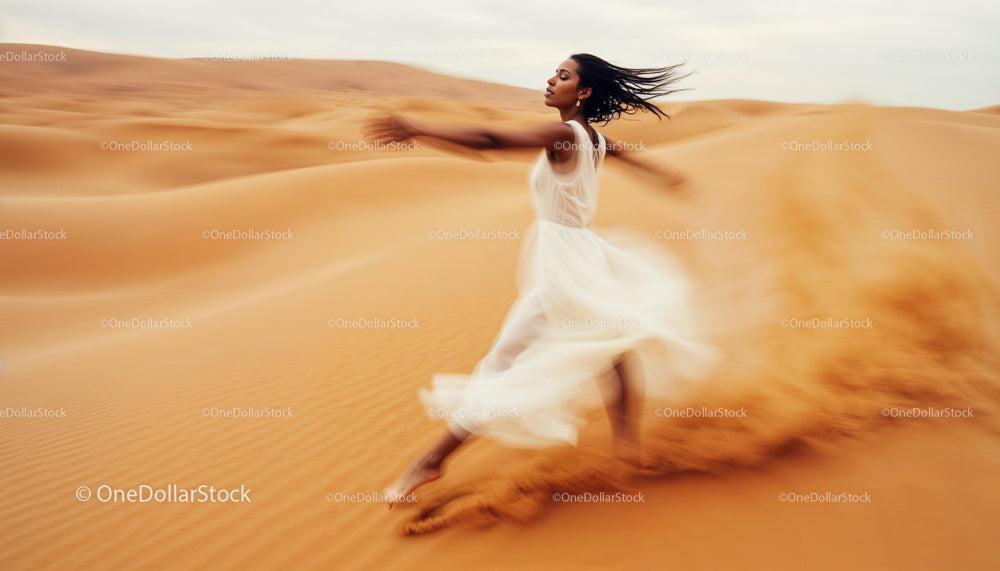 Elegant Woman Dancing Across Sweeping Desert Dunes
