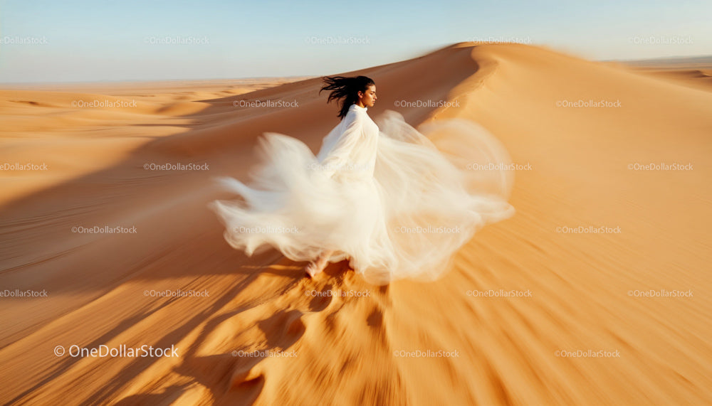 Woman in Flowing White Dress Walking on Sandy Desert Dunes