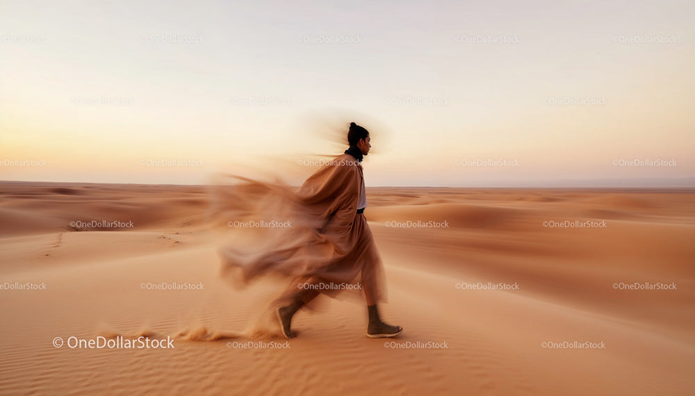 Traveler Walking Through Expansive Desert Dunes at Sunset