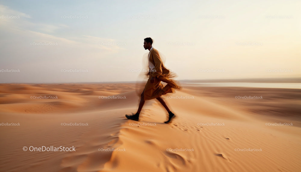 Man Walking Across Vast Desert Sand Dunes at Sunset