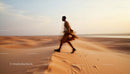 Man Walking Across Vast Desert Sand Dunes at Sunset
