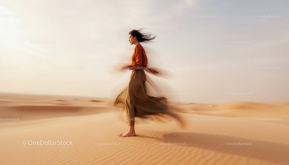 Woman in Flowing Dress Walking Through Desert Dunes