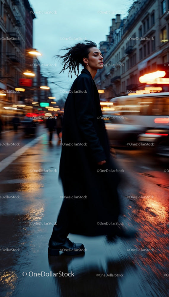 Trendy Individual Crossing a Rainy City Street at Night