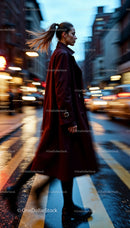 Woman in Burgundy Coat Walking Through Vibrant City Night