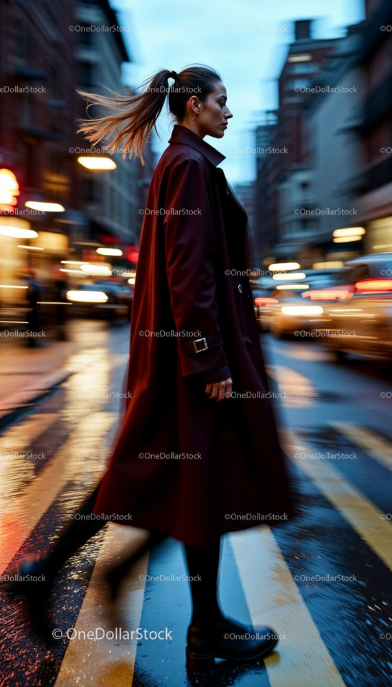 Woman in Burgundy Coat Walking Through Vibrant City Night