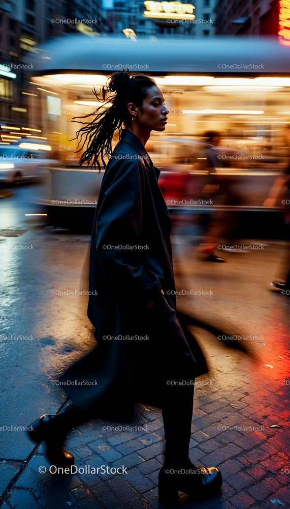 Woman in Motion Amidst Blurred City Lights
