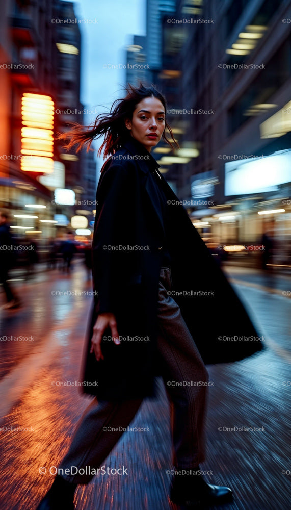 Dynamic Woman Walking Through Vibrant City Street at Dusk