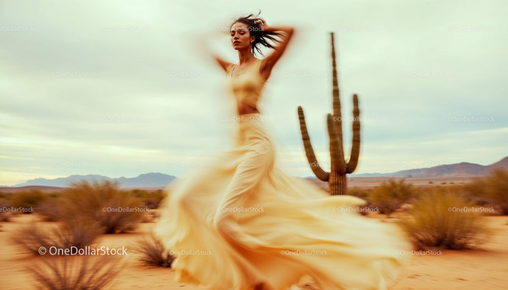 Woman in Flowing Beige Dress Dancing in the Desert