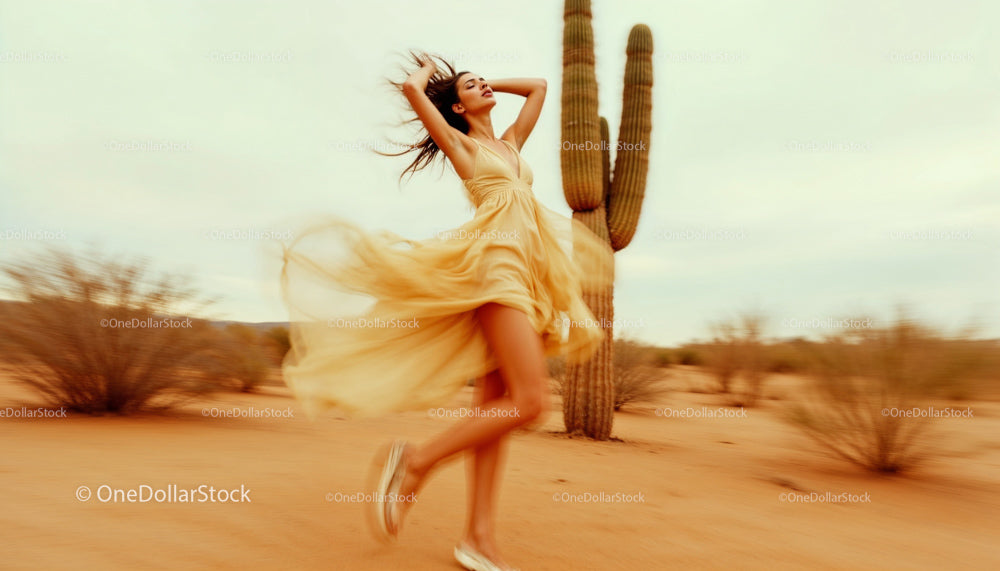Woman in Flowing Dress Dancing in Desert Landscape
