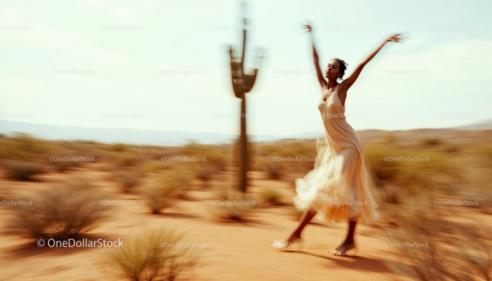 Graceful Dance in Desert with Flowing Dress and Cactus