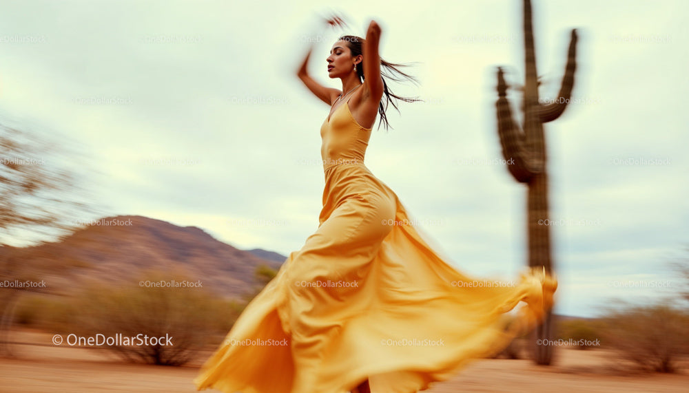 Woman in Flowing Yellow Dress Dancing in Desert Landscape