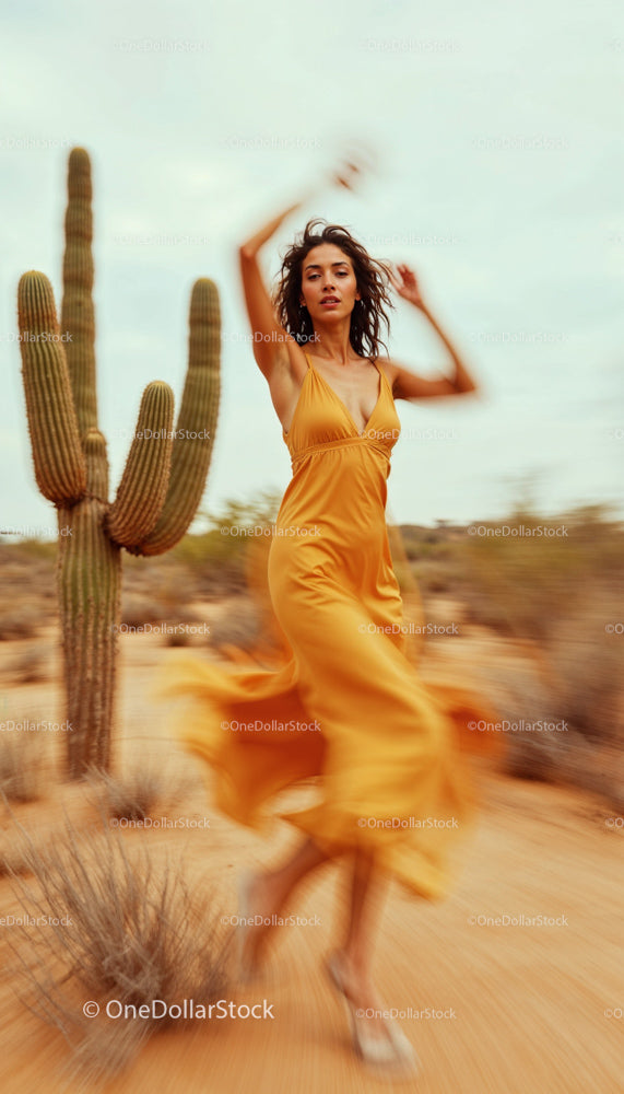 Woman Dancing in Yellow Dress Amidst Desert Cacti