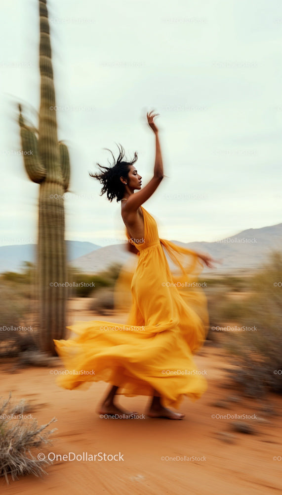 Woman Dancing in Yellow Dress Amidst Desert Cacti