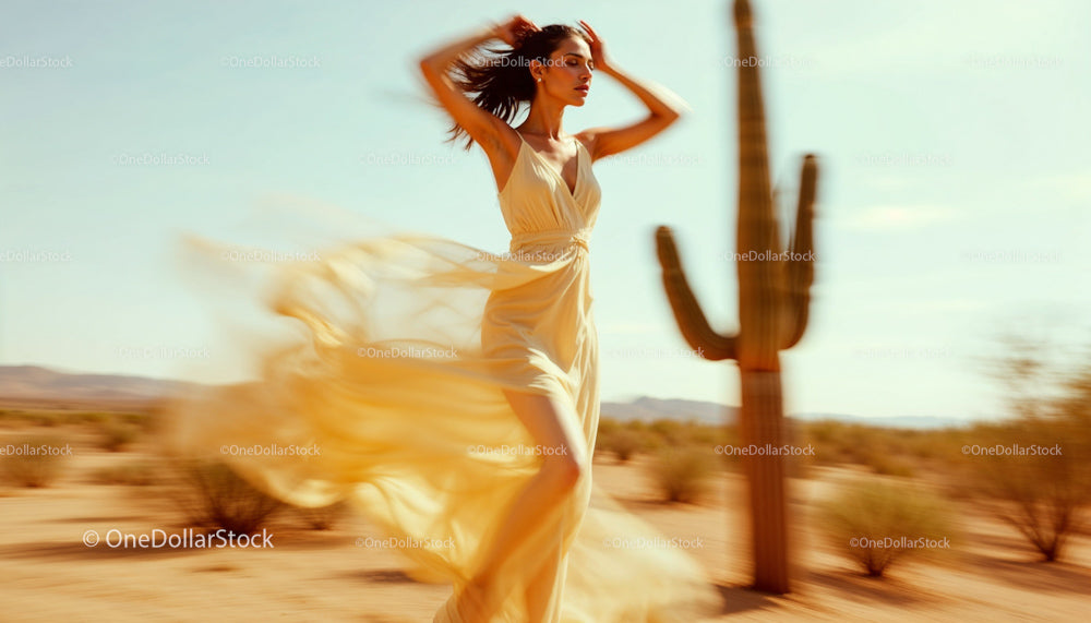 Elegant Woman in Flowing Dress in Desert Landscape