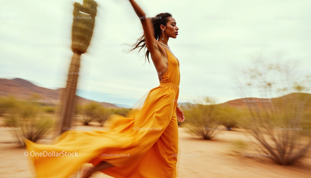 Elegant Woman in Flowing Dress Running Through Desert