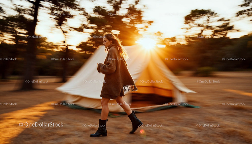 Woman Walking by Tent in Sunset Forest Setting