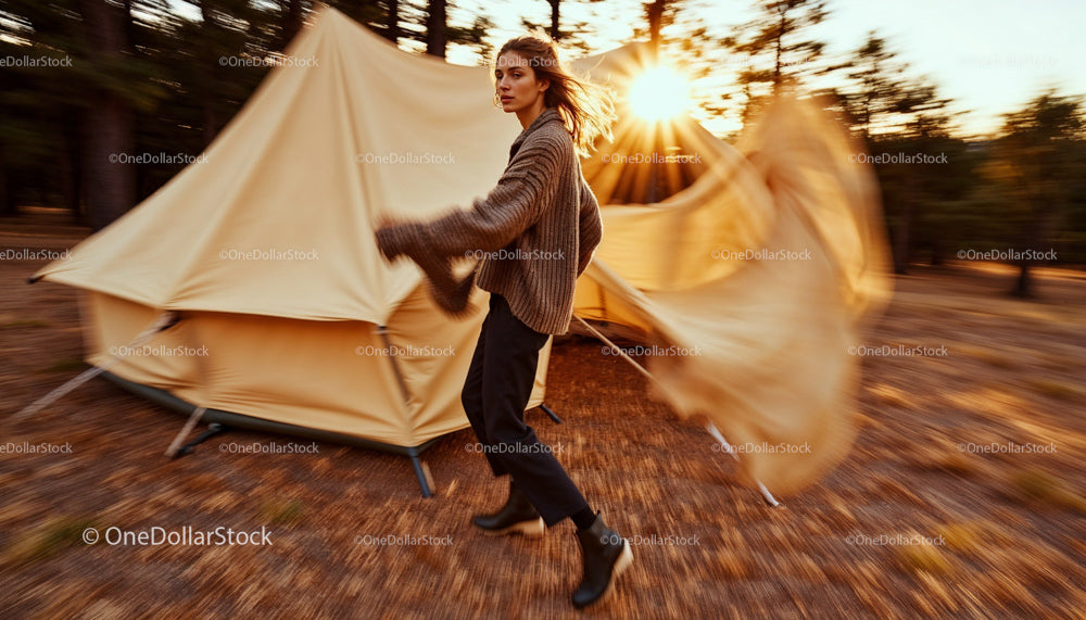 Woman in Stylish Sweater Enjoying Autumn Camping